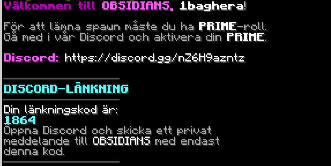 Minecraft-chatten visar välkomstmeddelandet med en fyrsiffrig Discord-länkningskod