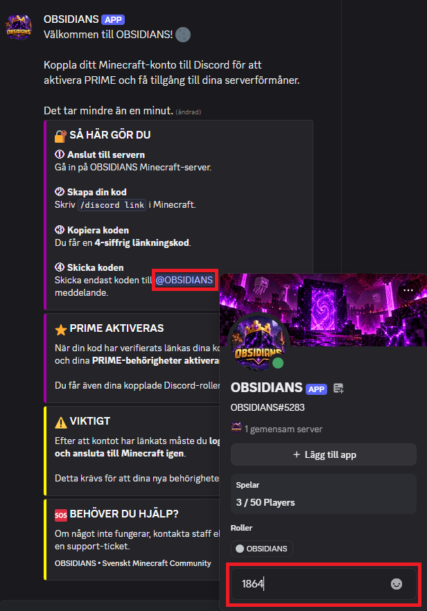 Discord-direktmeddelande till OBSIDIANS-botten där den fyrsiffriga koden har skickats