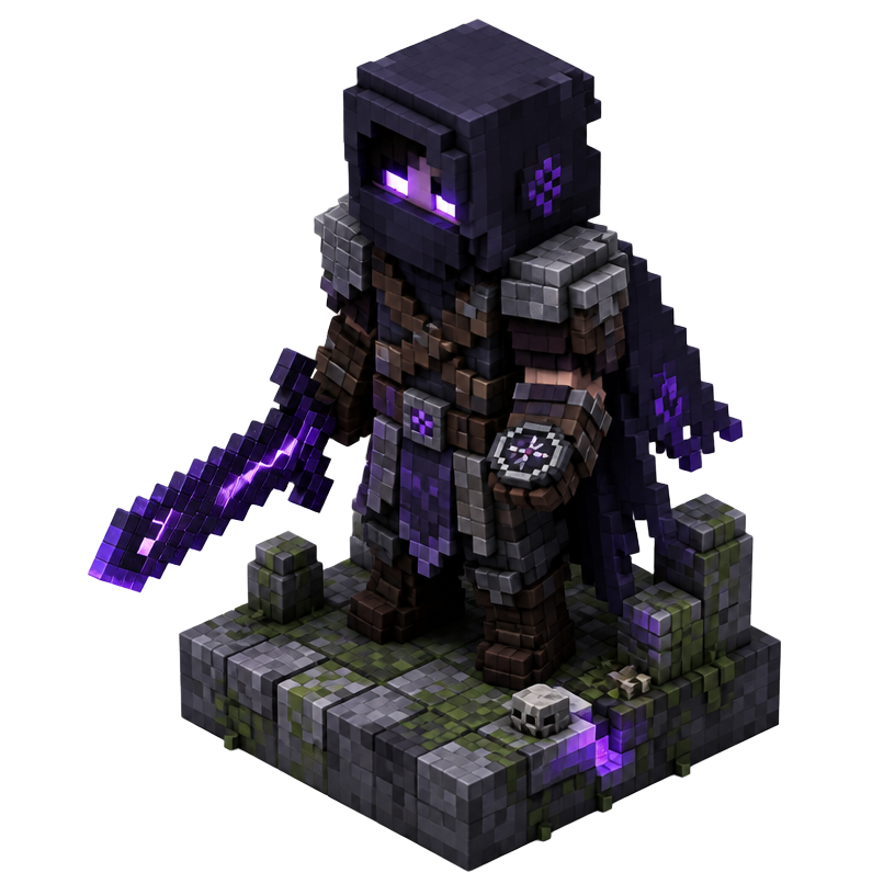 Voxelfigur: äventyrare med lysande obsidiansvärd och kompass