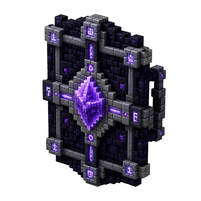 Voxelmotiv: sköld av obsidian med lysande ametistkristall