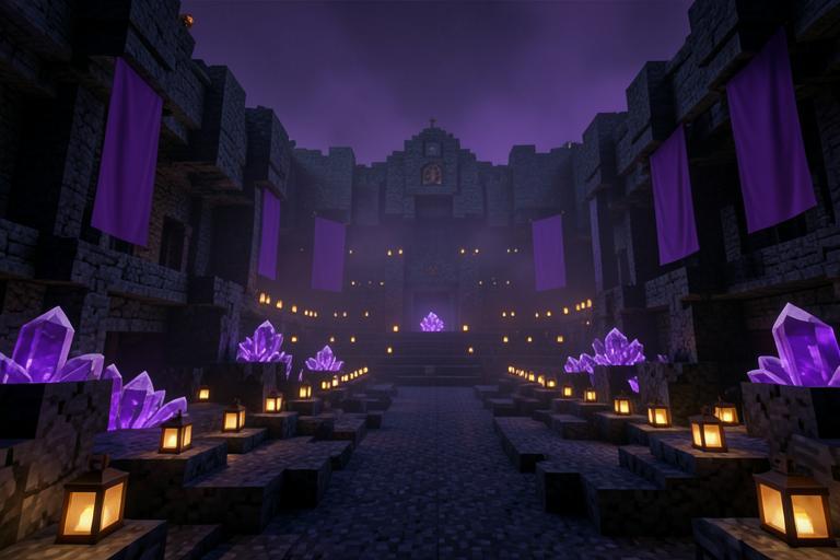 Obsidianarena dekorerad med fanor, lanternor och ametist