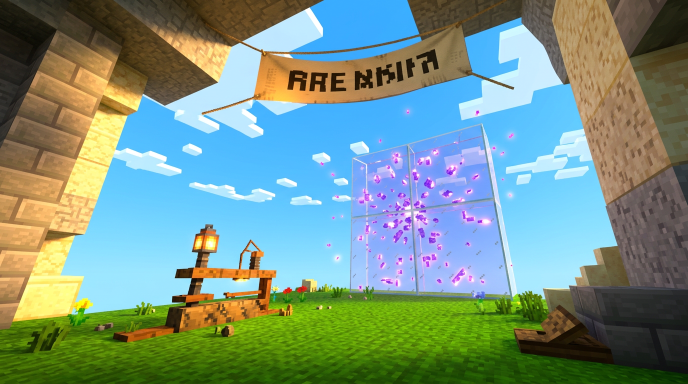 Trasig redstone-maskin och splittrat obsidianblock med lila varningsgnistor