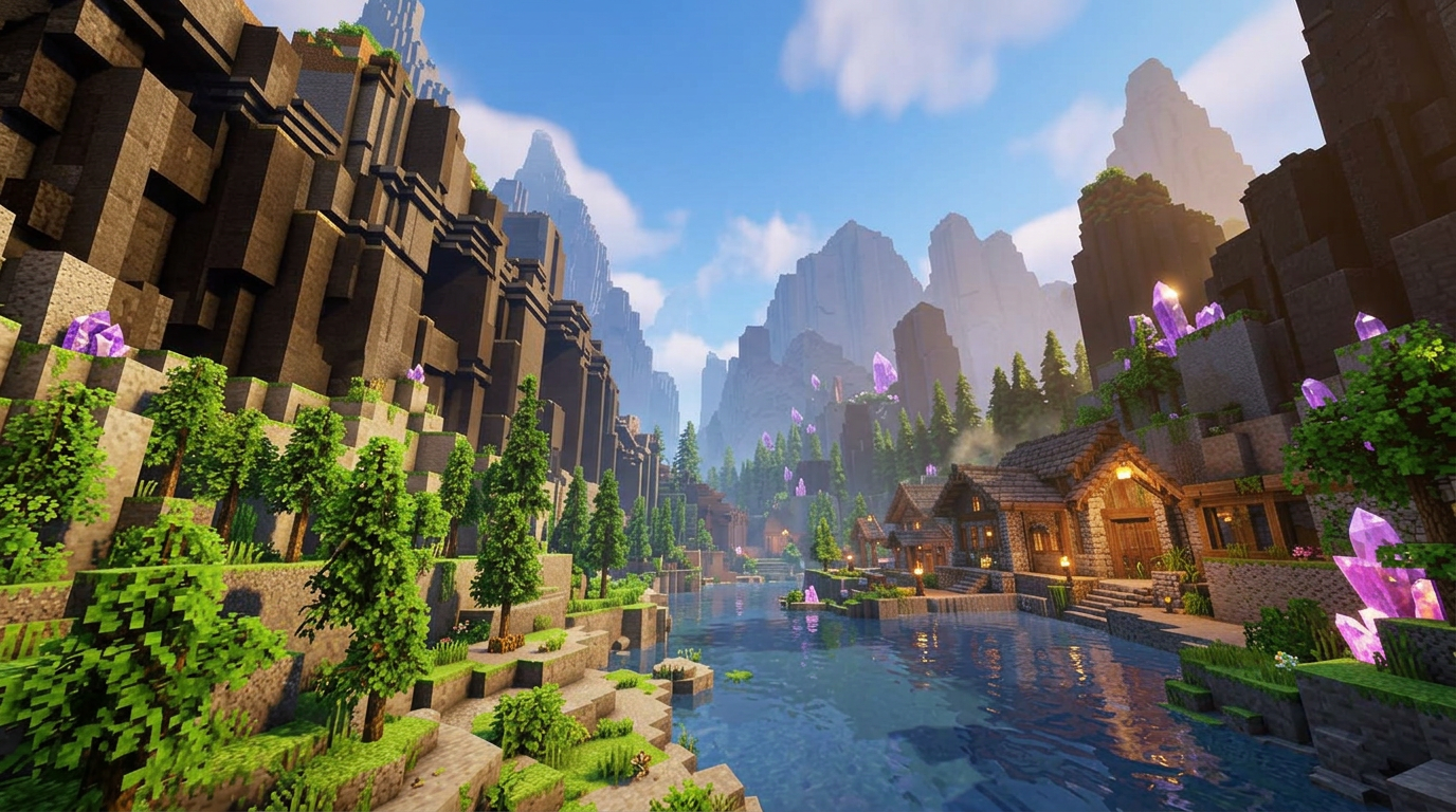 Mörkt obsidianlandskap i Minecraft på servern OBSIDIANS